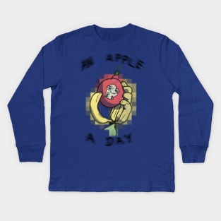 An Apple A Day - banana hand holding gummy worm infested apple - word art Kids Long Sleeve T-Shirt